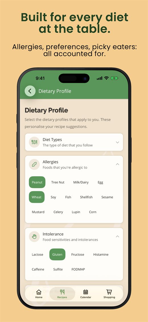 Dietary preferences for a family member in the PurePrep app